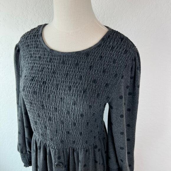 Vintage Polka Dot Long Sleeve Smocked Buttons Dress size Medium Gray Twee - Picture 5 of 10